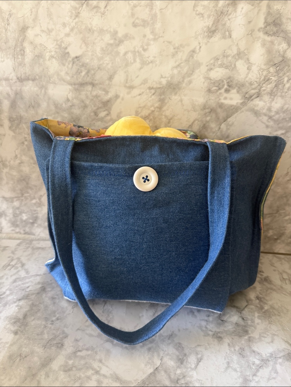 Denim Blue Canvas Tote Bag with Button Closure